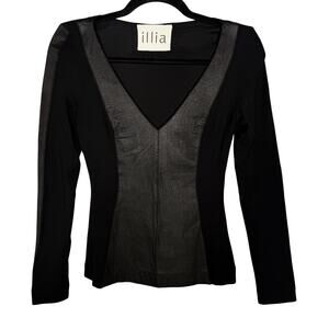 ILLIA Womens 8 Black Long Sleeve Leather Pieced Stretch Modal V Neck Top Ribbed